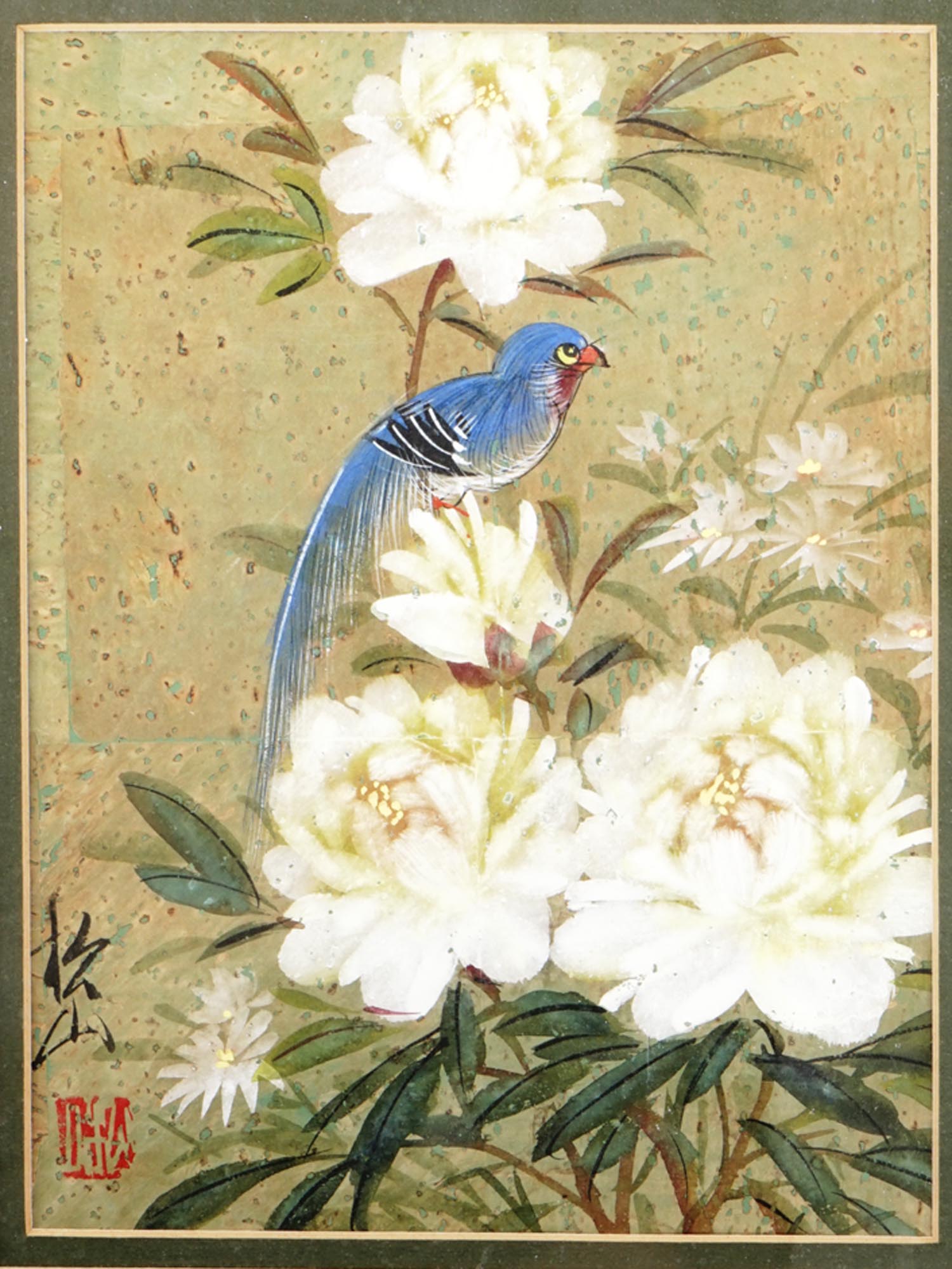 CHINESE WATERCOLOR PAINTING OF A BIRD AND FLOWERS PIC-1